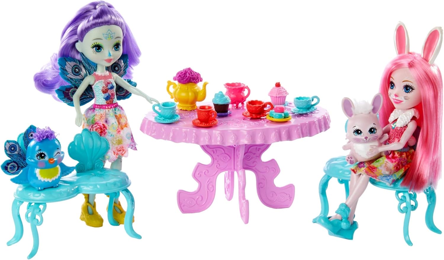 Mattel Enchantimals Tasty Tea Party Playset with Bree Bunny, Patter Peacock Dolls 6-inch, and Animal Friend Figures, with Table, 2 Benches, and 15 Accessories, Great Gift for 3 – 8 Year Olds