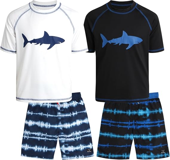 Big Chill Boys 4-Piece UPF 50 Short Sleeve Rash Guard & Swim Trunks