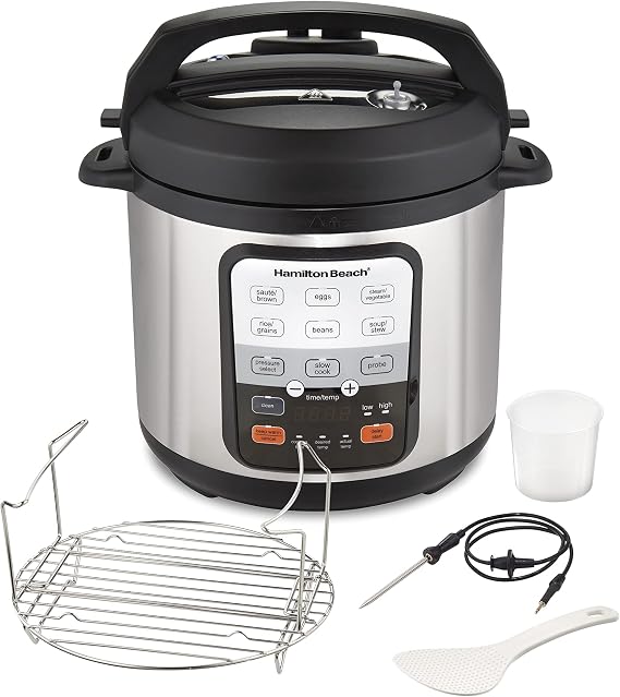 Hamilton Beach 6-in-1 Electric Pressure Cooker with Temperature Probe, Slow Cooks, Sautes, Browns, Steams, Rice Function, Egg and More, 6 Quart Capacity, Stainless Steel (34506)