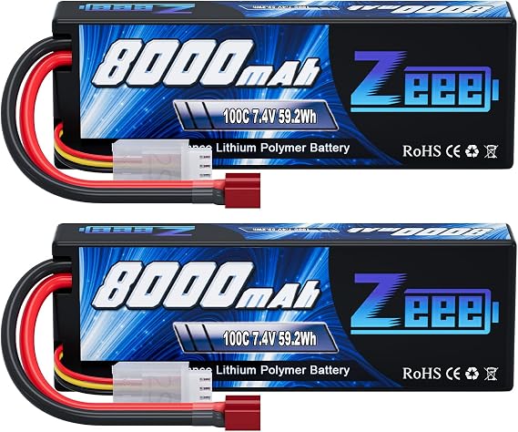 Zeee 2S Lipo Battery 8000mAh 7.4V 100C Hard Case with T Plug (2 Pack)
