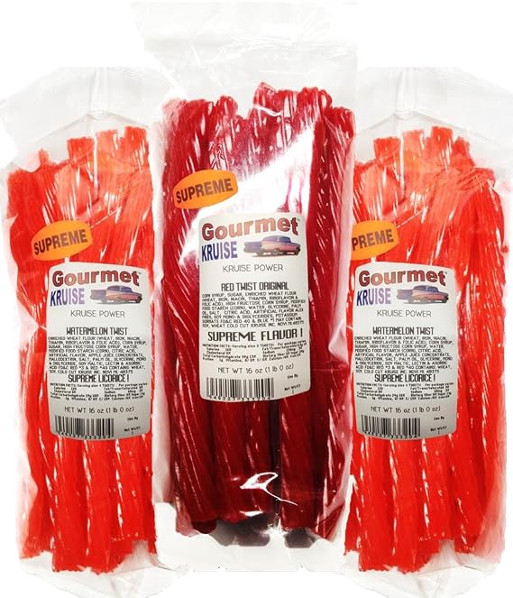 Watermelon Licorice Twist 2-1lb Bags (1) Red Twist Licorice Original 1lb (NET WT 48 OZ) Gourmet Kruise Signature Gifts