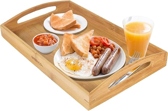 Greenco Rectangle Bamboo Butler Serving Tray with Handles - Bed Trays for Eating - Bed Tray - Breakfast Tray