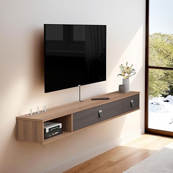 Pmnianhua Floating TV Unit, 47'' Wall Mounted TV Cabinet, Floating Shelves with 2 Doors, Modern Entertainment Media Console Center Large Storage TV Bench for Living Room & Office (120cm, Dark Brown)