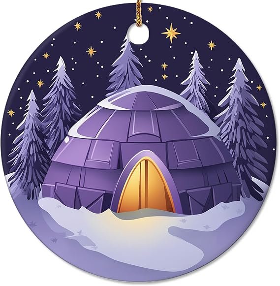 Purple Winter Igloo Christmas Ornaments, Ceramic Snowy Forest Scene Keepsake Ornament for Christmas Tree Decorations, Gifts for Holiday, Party, Home Decor, 3 Pcs