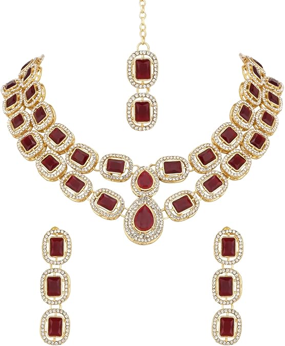 I Jewels Gold Plated Indian Wedding Bollywood Stone Choker Necklace Jewellery With Earring & Maang Tikka Set For Women