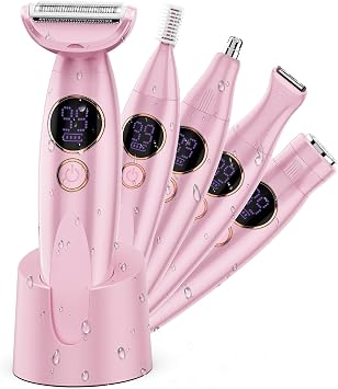 Karrte 5-in-1 Electric Razor for Women's Pubic Hair, Painless Body Shaver and Facial Epilator, Hair Removal for Face, Bikini Trimmer for Women's Private Area Pink