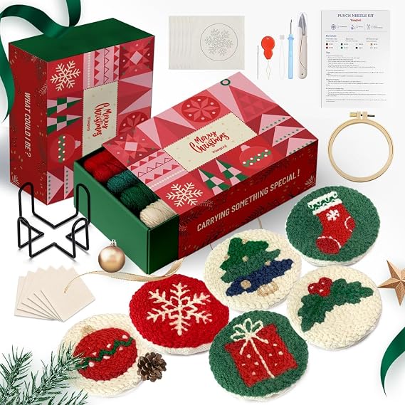 yuegool 6PCS Christmas Punch Needle Coaster Kit,Easy DIY Embroidery Set for Beginners, Adults with Patterns, Tools, Yarns, Hoop, Instructions & Coaster Holder