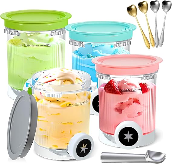 4 Pack Ice Cream Pints and Lids for Ninja CREAMi NC701UK NC700UK NC701 Series, Includes 4 Tubs, Lids, 4 Spoons & Ice Cream Scoop, BPA-Free Dishwasher Safe
