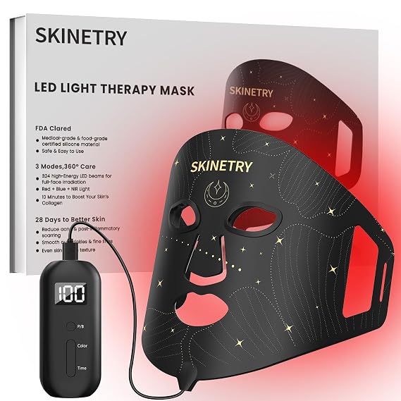LED Face Mask Light Therapy, Portable Red Light Therapy for Face,7 Light Modes with 2000mAh Rechargeable Remote, 324 LEDs for Radiant Glow, at Home