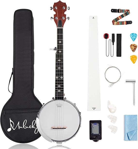 Mulucky 5 String Mini Travel Banjo, 26 Inch Closed Back Sapele Kit | Compact 5-string banjo with a sapele body and Beginner's Kit. Includes a gig bag, strap, and picks. Model: B807