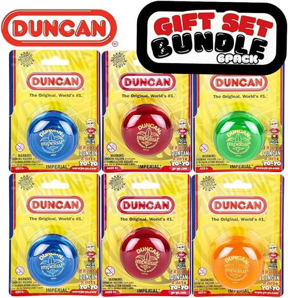 Duncan Toys Imperial Yo-Yo, 6 Pack, Beginner Looping Yo-Yo, Assorted Colors | Narrow String Gap, Steel Axle, Plastic Body, Starburst Response, 51.7g Each, Red/Blue/Green/Orange