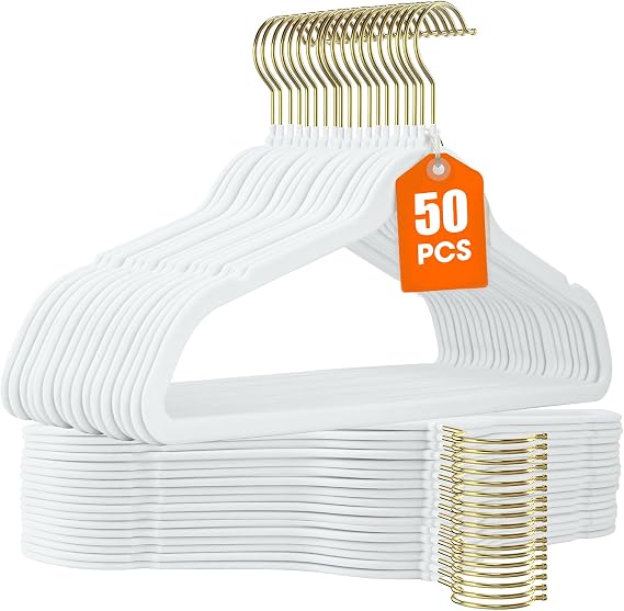 50 Pack White Velvet Hangers,Non Slip,Heavy-Duty,Slim,Space Saving,with Felt Surface and Gold 360Swivel Hook,for Pants,Outfit,Skirts,Suits,Coats,Dresses ect.