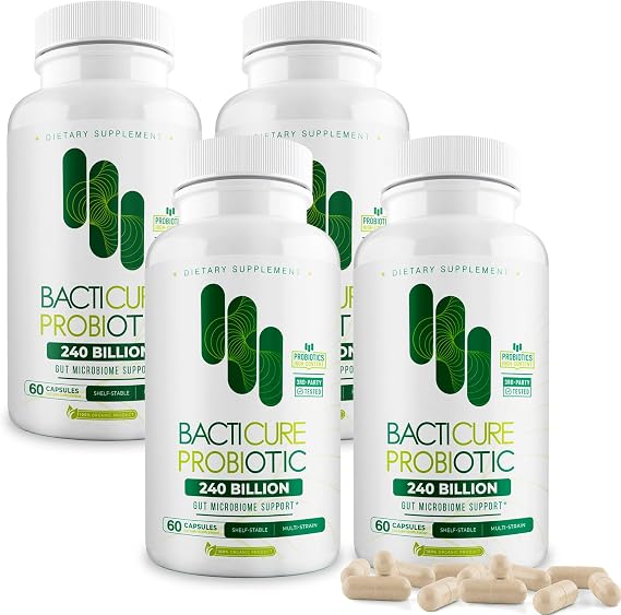 Bacticure Probiotic 240 Capsules | Probiotics Supplement w/High CFU Formula for Men & Women | Prebiotics & Digestive Enzymes for Digestion & Gut Health, Vaginal Health, Colon Cleanse, Immune Support
