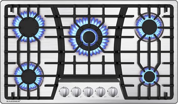 36 inch Gas Cooktop, Bulit-in Gas Stove Top with 5 Burner, NG/LPG Convertible Cooktops, 5 Burner Propane Cooktop with Thermocouple Protection, Stainless Steel