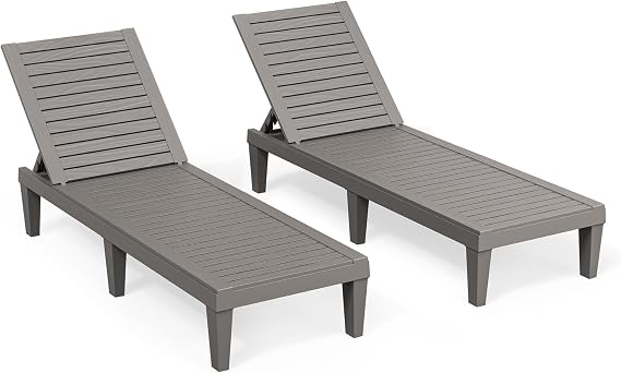Outdoor Chaise Lounges, Patio Lounge Chair (Striped Grey, Set of 2) | Wood-Grain HDPE, 5-Position Recline, Patio Garden, 300 lbs, Indoor/Outdoor, Waterproof, All Weather Resin.