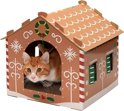 Furhaven Cardboard Cat House w Catnip for Indoor Cats, Ft. Scratching Pad & Hanging Toys - Decorated Gingerbread House Holiday Cat Scratcher Hideout - Christmas Print, One Size