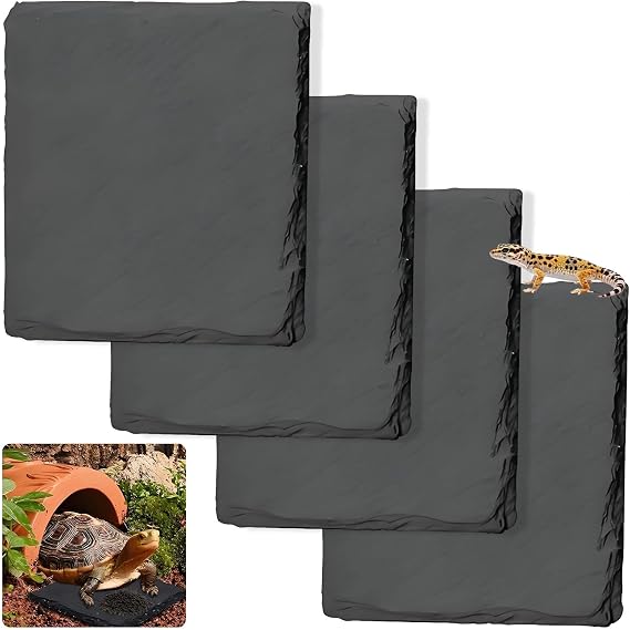 4Pcs Reptile Basking Slate Platform 10x10cm Natural Rock Tortoise Resting Bathing Feeding Dish Turtle Habitat Decor for Lizard Gecko Bearded Dragon Terrarium Aquarium