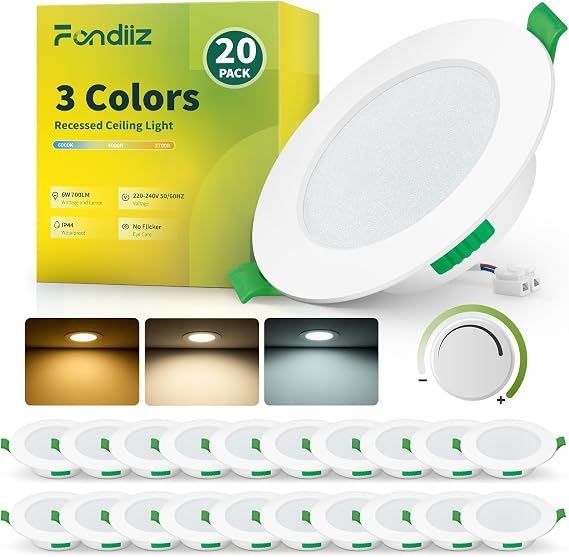 Fondiiz 20 Pack LED Downlights for Ceiling Dimmable, 6W Recessed Ceiling Lights, Warm White 2700K Natural White 4000K Cool White 6000K Adjustable, 75-90mm Cut Out, IP44 LED Spot Lights for Bathroom [Energy Class D]