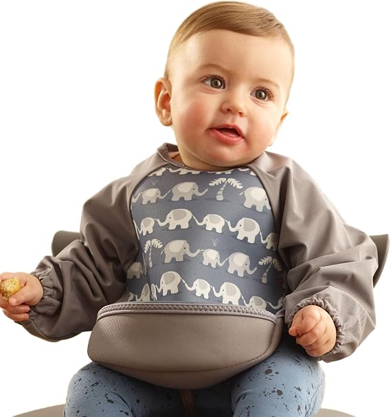 Bibetta Ultrabib - Weaning bib with sleeves (Grey Elephants)