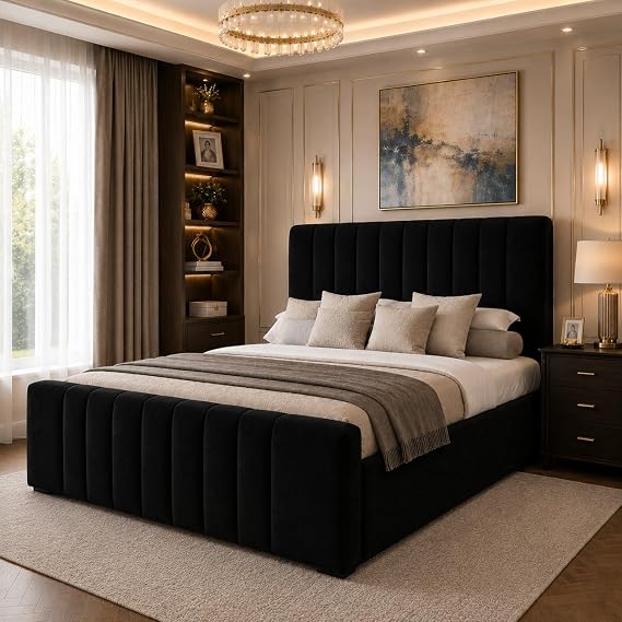 J&S BEDS Double Bed with Headboard, Luxury Serenity Velvet Upholstered Panel Bed, 4FT6 Double Bed Frame with Slatted Base - Black Plush