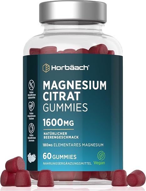 Magnesium Gummibärchen 1600mg Magnesiumcitrat Gummies mit Vitamin C Alternative zu Eisentabletten 60 Vegane Gummies von Horbaach