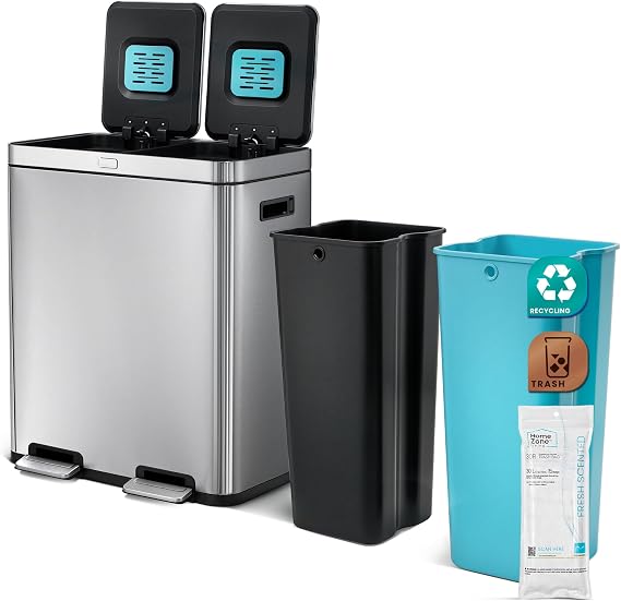 Home Zone Living 16 Gallon Kitchen Trash Can with Dual Compartments for Recycling and CleanAura for Odor Control, Stainless Steel, 60 Liters Total
