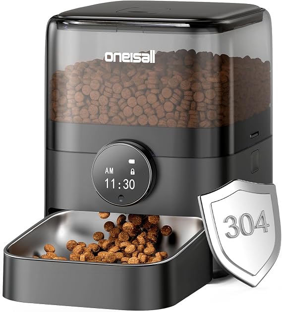oneisall 3L Automatic Cat Feeder with 304 Stainless Steel Bowl, Cat Food Dispenser Automatic with Timer, Timed Dry Food Auto Feeders for Cats Dogs, Double Lock 1-6 Meals | Large Dry Food & Snacks, 12 Cups/3L Programmable Dry Food Dispenser Wired Black