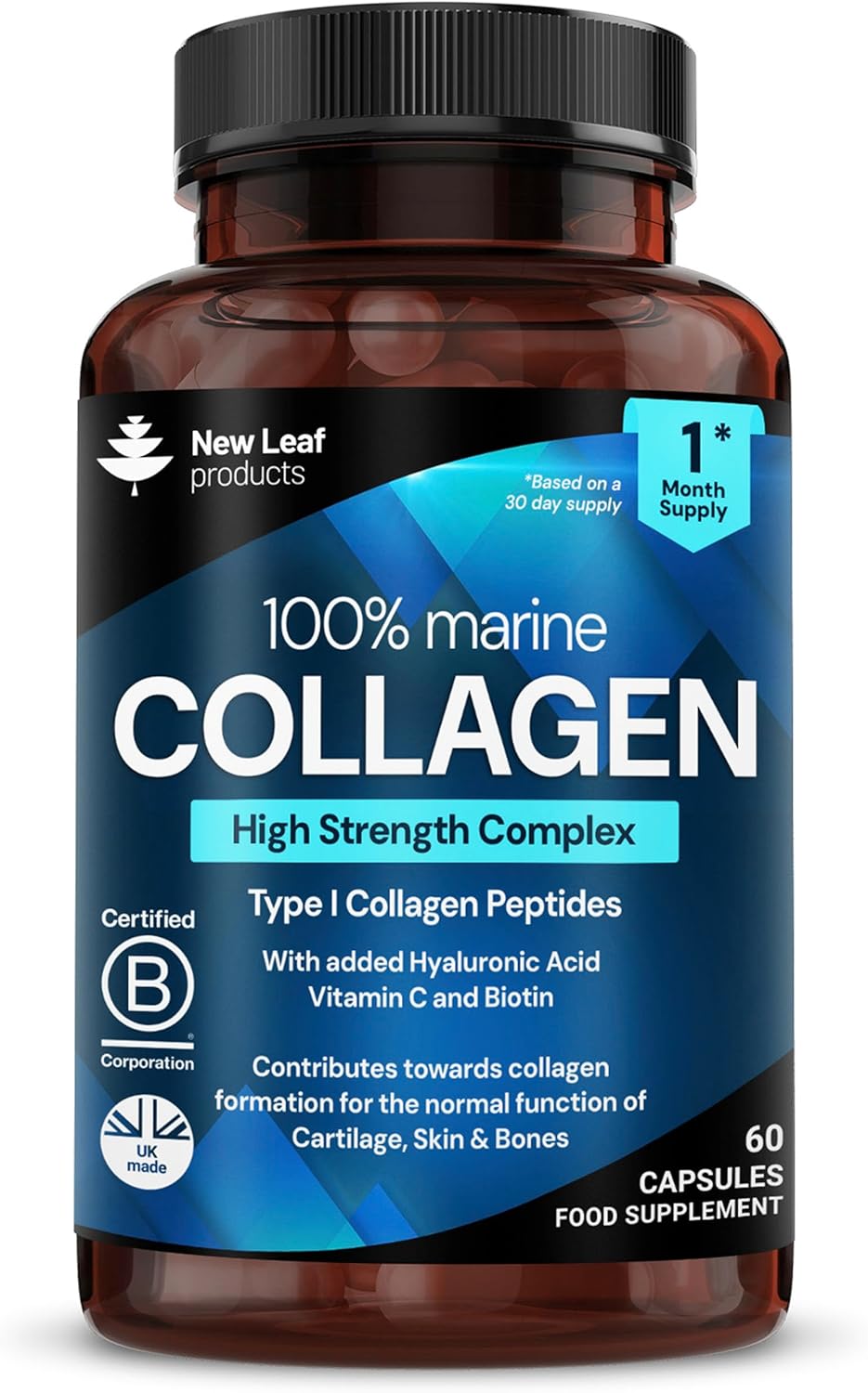 Pure Marine Collagen 100% Marine Collagen Type 1 Hydrolysed Collagen Peptides Enhanced with Hyaluronic Acid & Vitamin C -Essential Amino Acids - Collagen Supplements for Women and Men, 60 Capsules