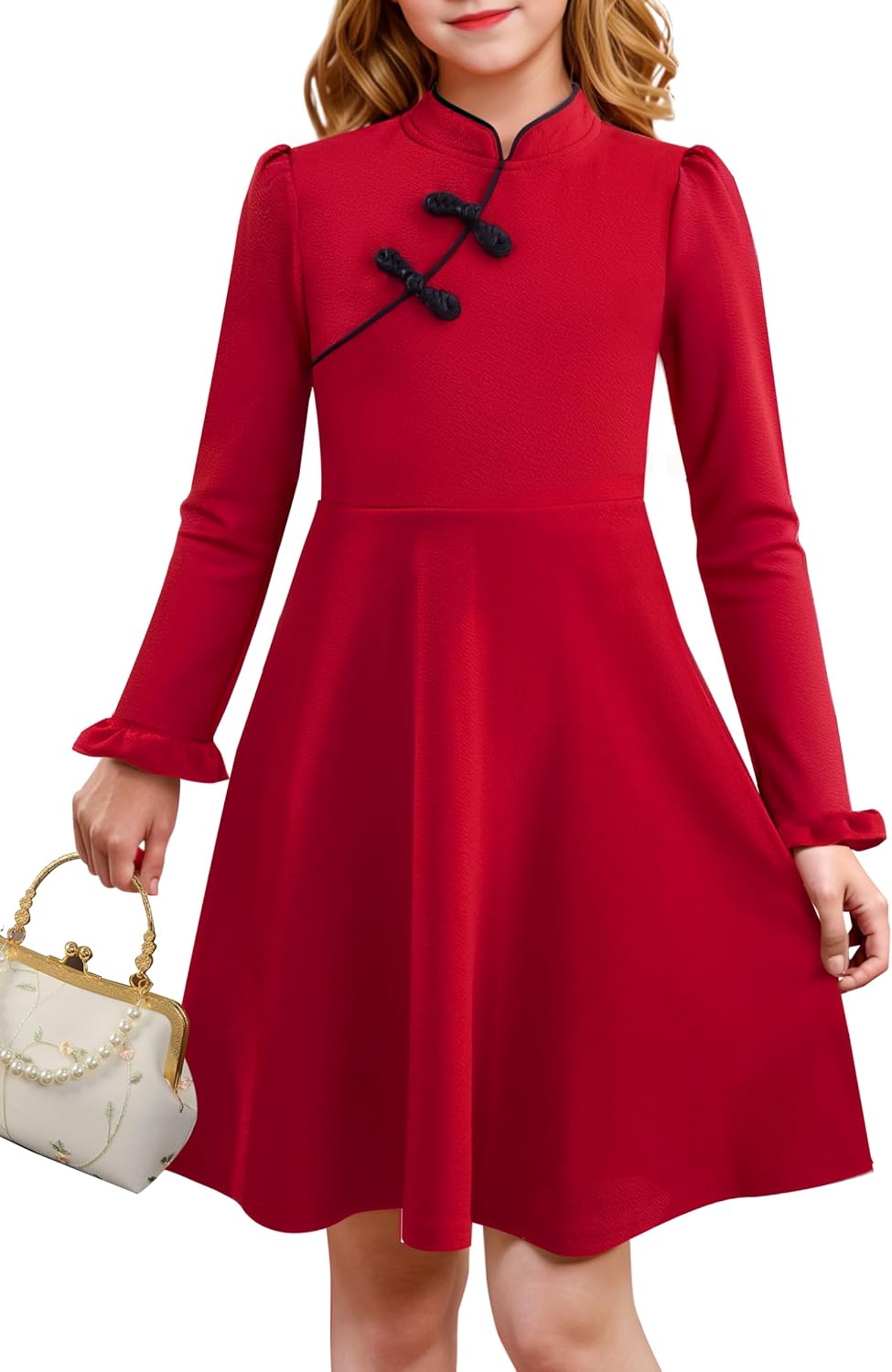 Girls Dress Elegant Long Sleeve Vintage Stand Collar Fall Winter New Year A Line Formal Dress 9-14 Years