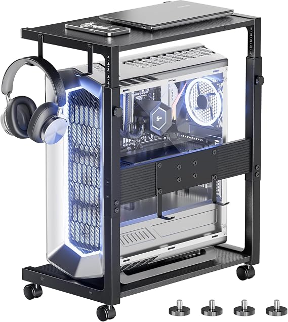 Computer Tower Stand, Adjustable 2-Tier CPU Holder Cart with Wheels