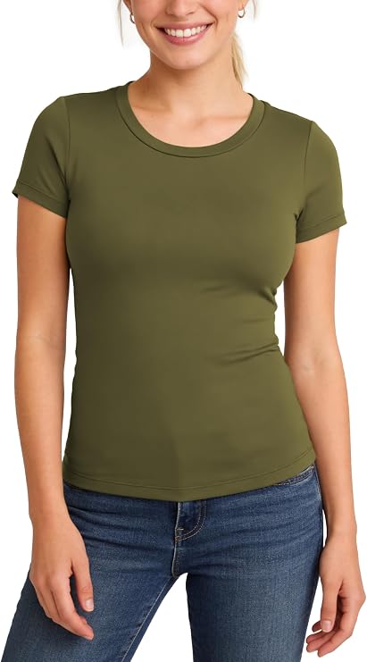 Women Scoop Neck T-Shirt, Tee Shirt Short Sleeve Slim Fitted, Stretchy Soft Basic Tee, Versatile Summer Top