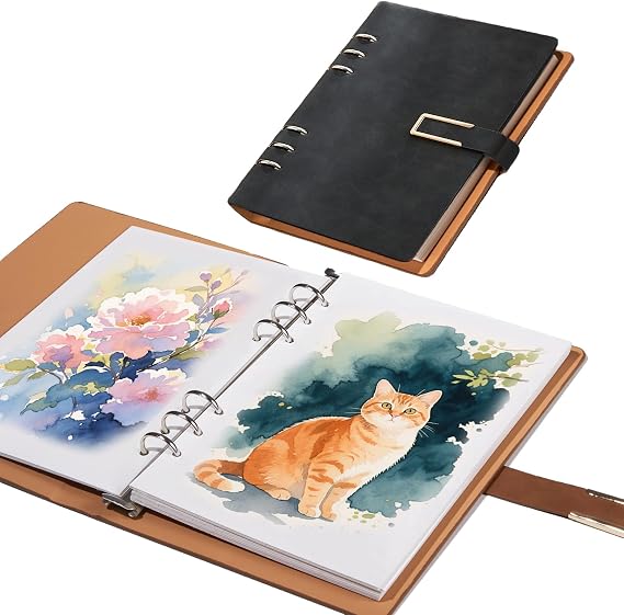 Professional Watercolor Sketchbook with 6-Ring Binder, 20 Sheets 300GSM/140lb 100% Cotton Acid-Free Cold Press Paper, 9.25" x 6.3" Textured Art Journal for Artists, Students & Adults (Black)