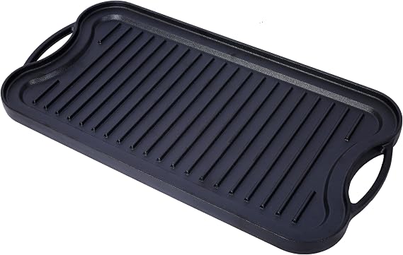 Reversible Grill/Griddle, 20x10 inch Pre-Seasoned Cast Iron Griddle, Portable Rectangular Pan with Handle, Family Cookware for Indoor/Outdoor Stove Top Burner, Gas, Camping BBQ, Black