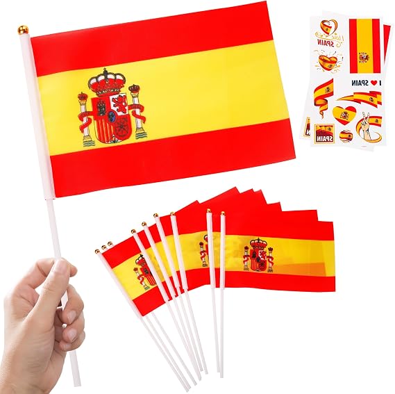 10pcs Small Spanish Flags on Sticks & 2pcs Tattoos, Mini Spanish Flag Hand Held Spain Flag Party Decorations for World Cup Football 2026 National Day Parade Olympic Sports Events