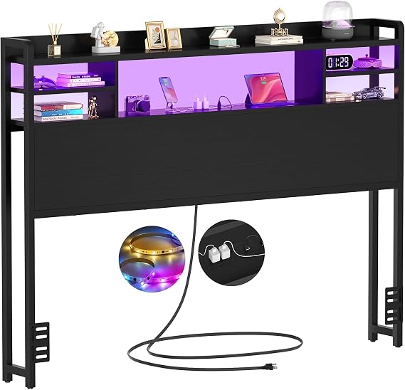 Aheaplus Headboard for Full Size Bedwith Storage and Outlets, Black