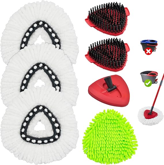 Mop Head Replacement for O Cedar, Spin Mop Replacement Head for Ocedar Easywring 1 Tank System, Mop Heads Includeds 3 Mop Replacement Heads, 2 Spin Scrub Brush, 1 Base & 1 Chenille Pad