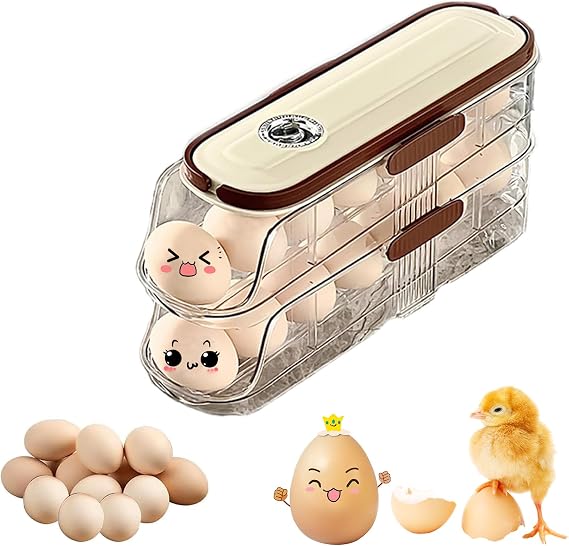 Egg Holder for Fridge with Lid, Auto Rolling Egg Holder | 2 Tier Egg Storage with Handle Stackable Egg Holder Storage Plastic Eggs Organizer 14 Eggs for Kitchen, Refrigerator
