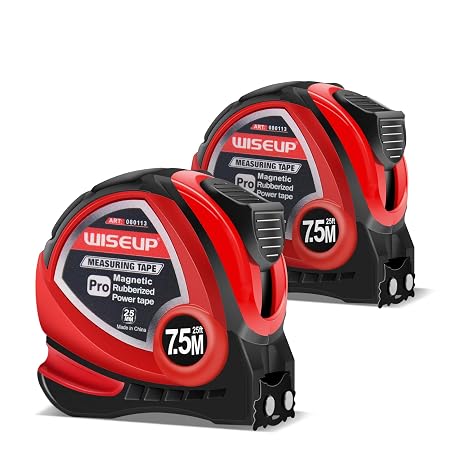 WISEUP Industrial Magnetic Tape Measure with Fractions 1/8 and Metric,Easy to Read,Measuring Tape with Belt Clip for Surveyors,Engineers,Household,Carpentry,Construction (1, 16 FT) (25 FT*2)