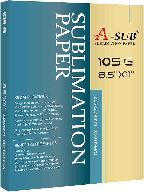 A-SUB Sublimation Paper 8.5x11 Inch, 105gsm, 150 Sheets | Compatible with Inkjet Sublimation Printer, for DIY Tumblers, Mugs, T shirts