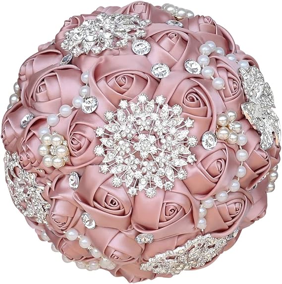 Sharebeauty 7.9 Inch Handmade Satin Rose Bridal Bouquet Toss Round Wedding Bouquet Throw Toss Artificial Flower Bunch Shimmering Blush Pink