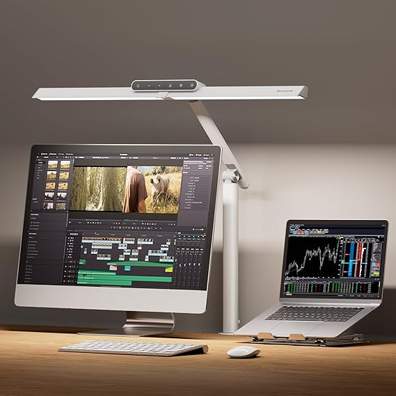 Honeywell LED Desk Lamp with Clamp - HJ1 Sunturalux Eye-Caring Clip on Lights for Home Office, 1200LM Clamp Lamp 4 Color Modes Stepless Dimming Task Desk Light for Working White [Energy Class F]