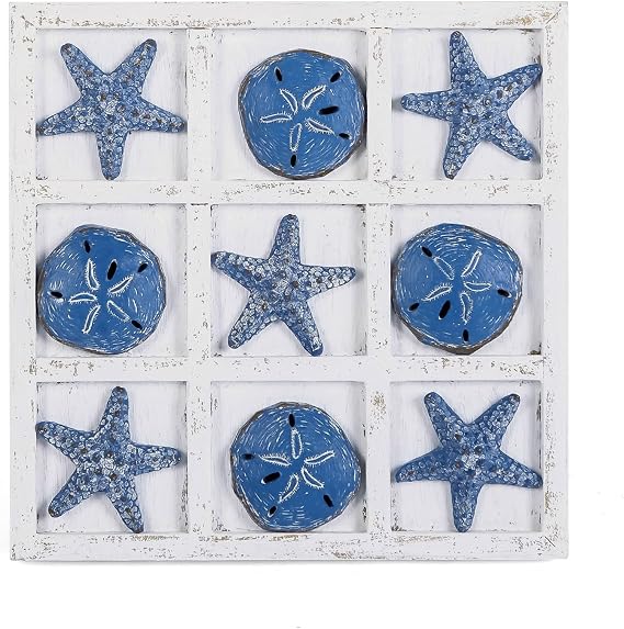 NIKKY HOME Beach Decor Tic Tac Toe 5 Sand Dollars & 5 Starfish Pieces Wood Board Travel Game for Coastal House Coffee Table Decor, Blue
