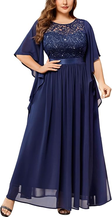 Miusol Plus Size Sequin Lace Cape Sleeve Formal Evening Gown Maxi Dress