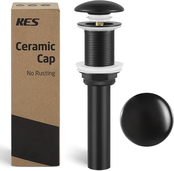 KES Solid Ceramic Cap Bathroom Sink Drain Without Overflow, Pop Up Drain for Bathroom Sink, Ceramic Bathroom Sink Stopper, All-Metal Body Matte Black, S2008D-CB