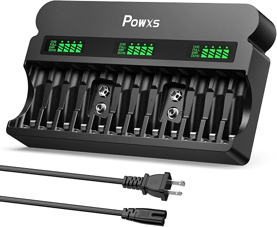 POWXS 12-Bay AA AAA 9V Ni-MH/Ni-CD Smart Battery Charger