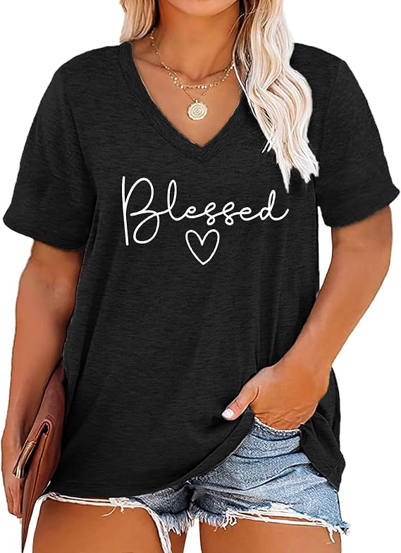 Plus Size Blessed Shirts Women V Neck T Shirts Short Sleeve Tshirts Summer Tops