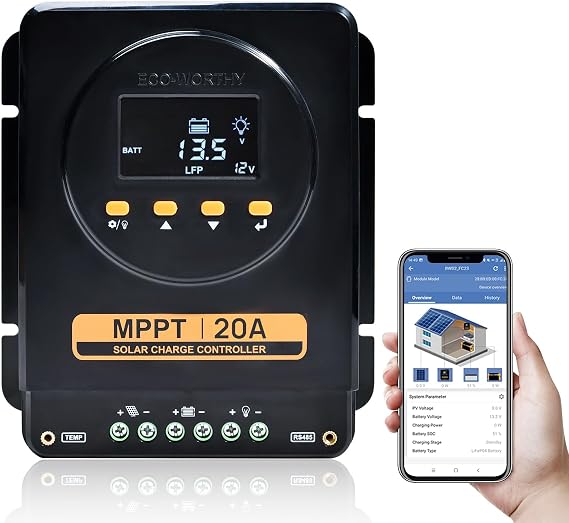 ECO-WORTHY MPPT Solar Charge Controller 12V/24V 20A with Bluetooth | APP Monitoring,LCD Display, Solar Panel Regulator for Gel,SLA,FLD,LFP Battery in Solar System,RV