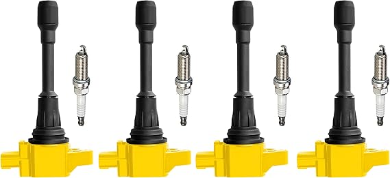 ENA Set of 4 Platinum Spark Plug and 4 Yellow Ignition Coil Pack Compatible with Nissan Versa Note Micra Versa 1.6L Sentra 1.8L 2.0L Frontier 2.5L Replacement for UF509 22448EA000 610-58721