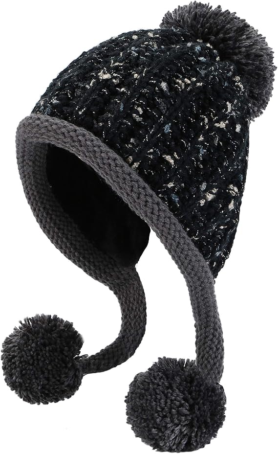 Women Winter Peruvian Cover Ears Beanie Hat Ear Flaps Sherpa Ski Snow Hats Knit Fleece Lined 3 Pom Pom
