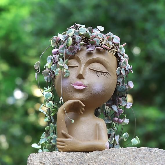 Face Planter Head Planter,Girl Face Flower Pot for Indoor Plant Thinking,Small Unique Cute Plant Pot for Succulent Cactus Outdoor,Resin Cachepot w Drainage,Great Gift,Brown(Dia.3.9inch,7.3inch Height)